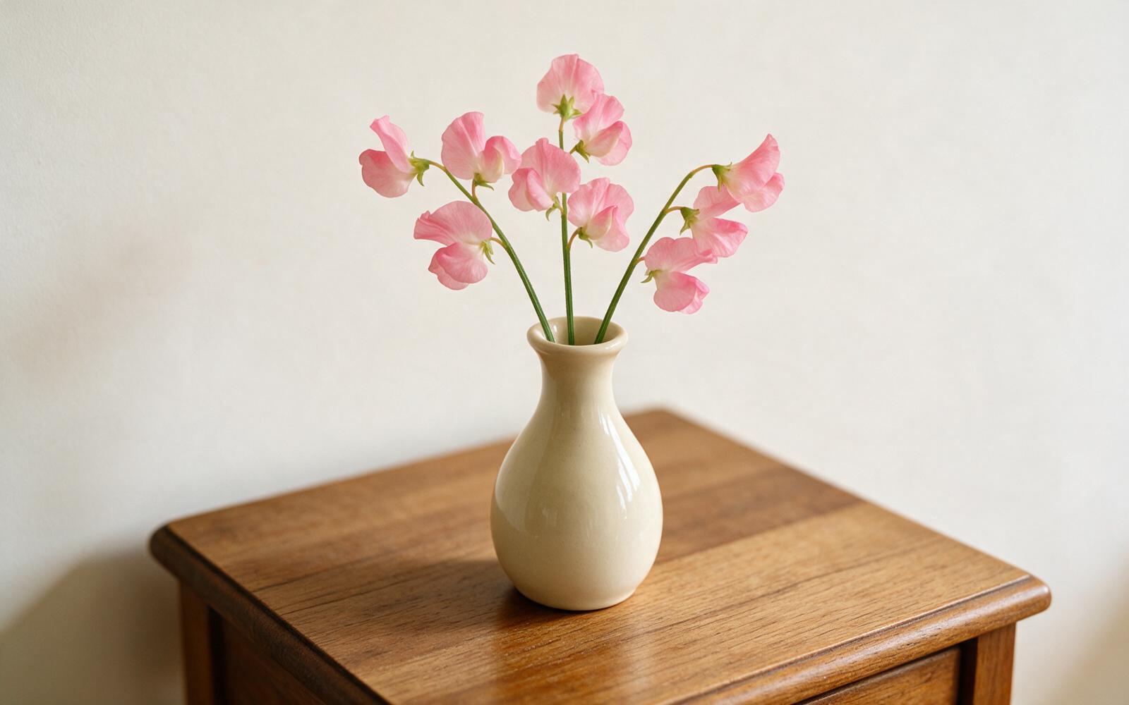 A narrow-necked ceramic vase holding three stems of sweet peas