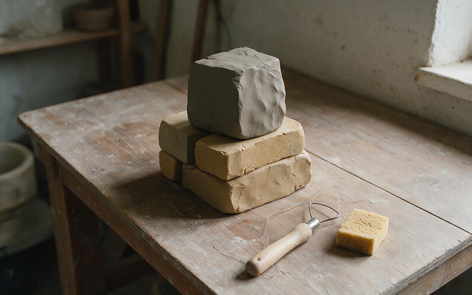 Blocks of grey and buff clay stacked on a wooden bench