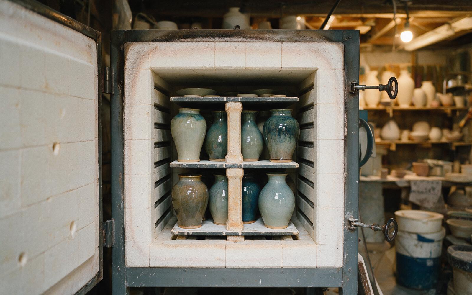 Glazed vases arranged on kiln shelves before a firing