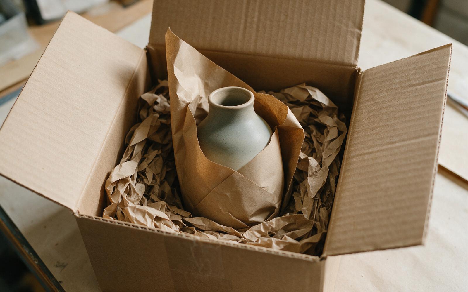 A vase wrapped in paper inside a box filled with recycled packing