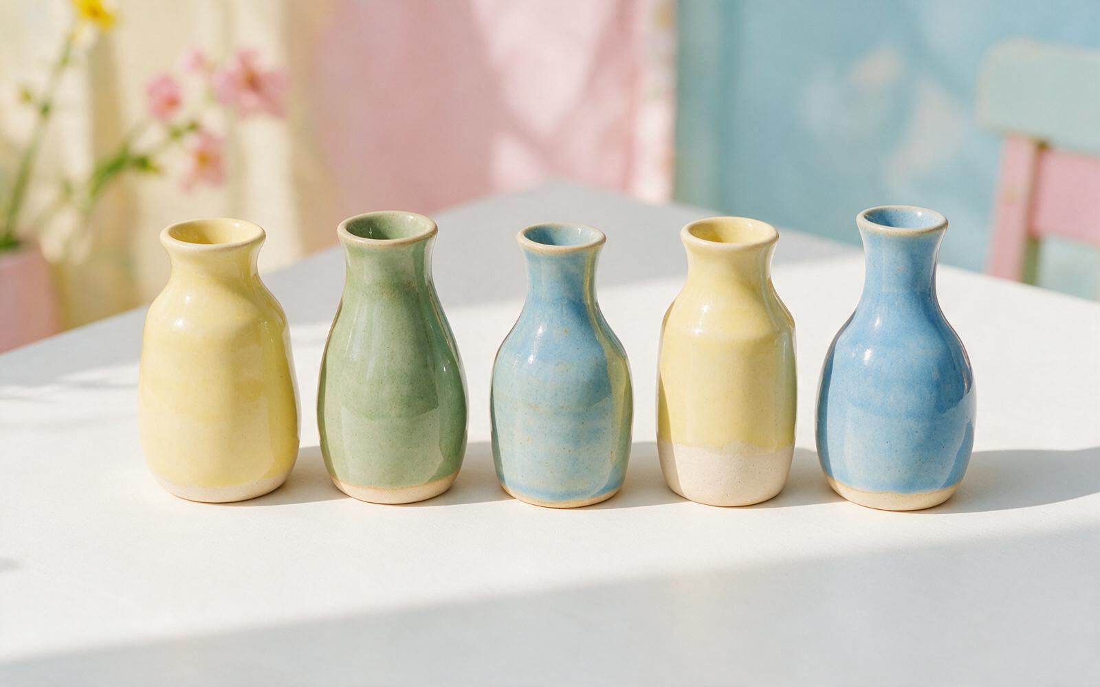 A row of vases in pale yellow, sage and sky blue glazes