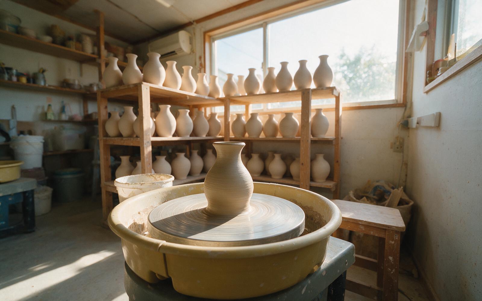 A potter's wheel in a bright studio with shelves of drying vases