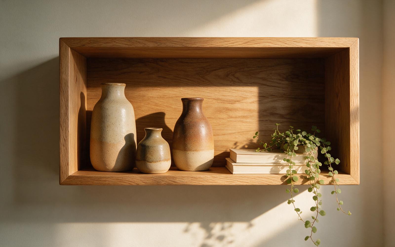 An open wooden shelf styled with vases, books and a small plant