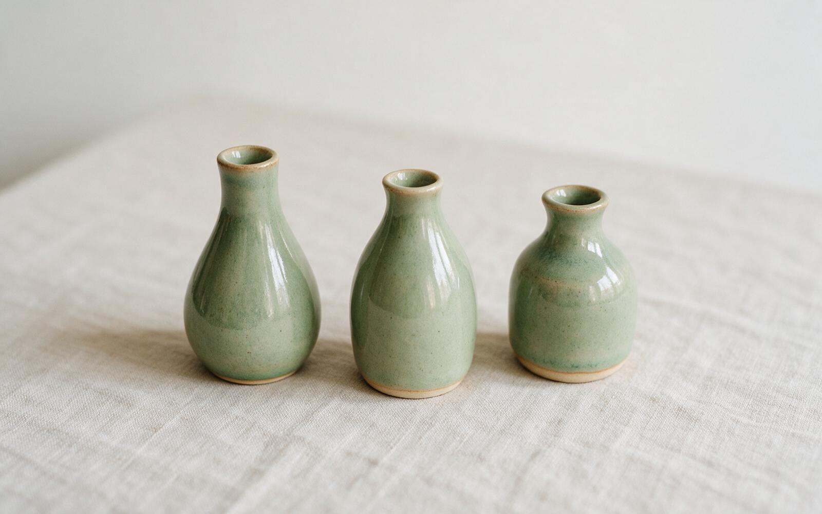 Three handmade vases of slightly different shapes in a soft green glaze
