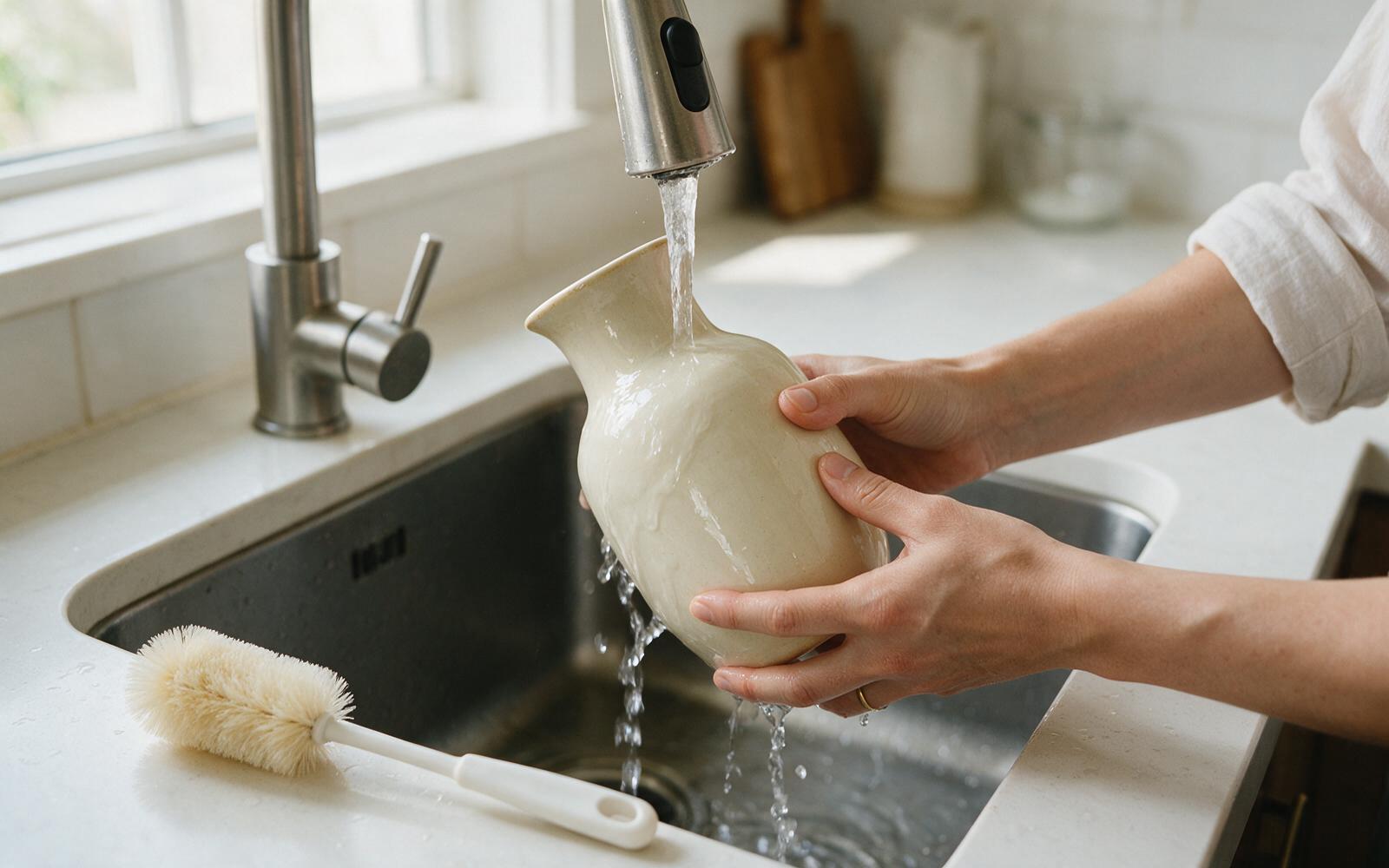 A ceramic vase being rinsed in a sink beside a soft bottle brush